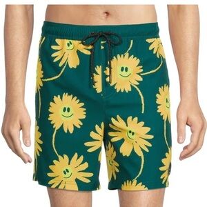 Neff Men's Swim Trunks Stretch Green and Yellow Drawstring Shorts